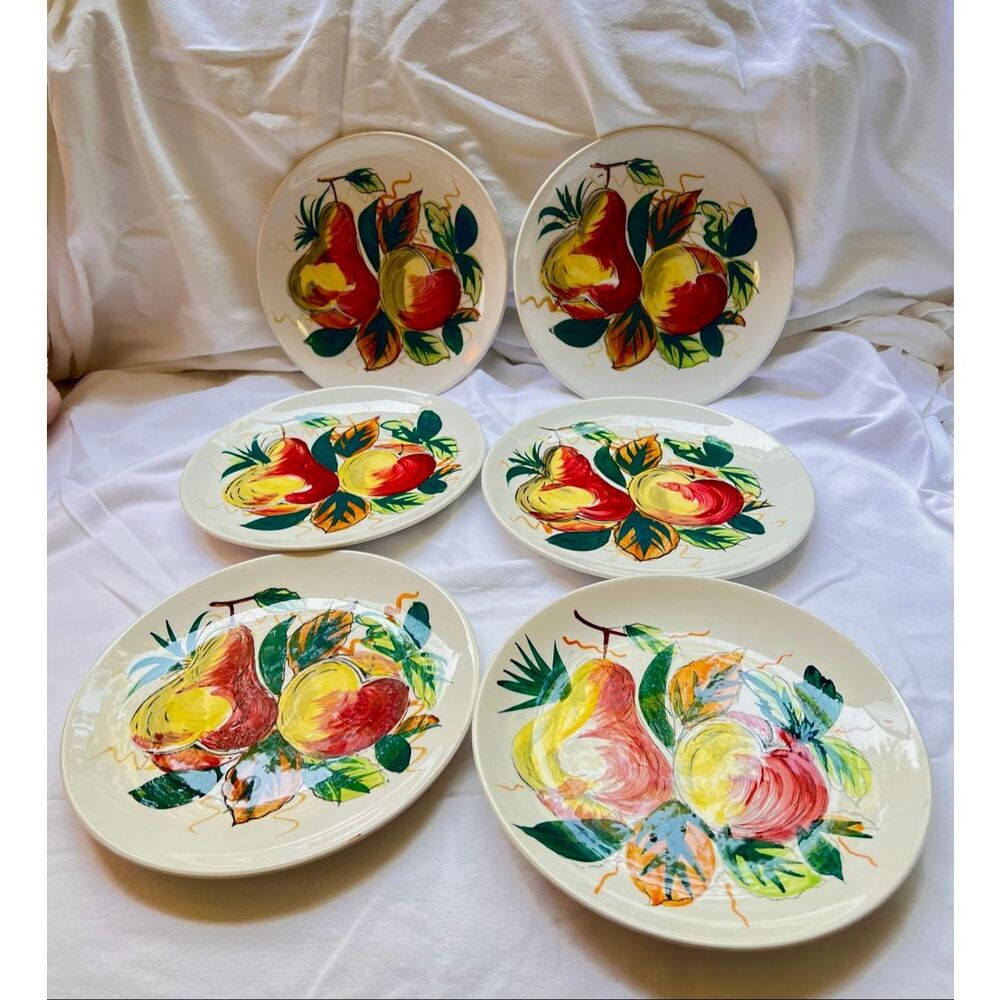 Vintage MCM 1950’s Hand Painted Ceramic Salad/Dessert Plates Set of 6 Fruit Pear